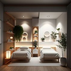 two beds in a room with plants on the wall and shelves above them, next to each other