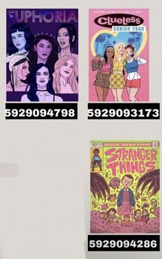 four different covers of comics on a white wall with the same title in black and pink