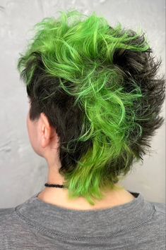 Dyed Mohawk Women, Mullet Dyed Tips, Short Green Hair Men, Black And Green Mullet, Skunk Stripe Hair Men, Punk Hair Dye, Mens Hair Dye Ideas, Mullet Hair Color, Awkward Stage Hairstyles