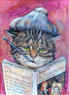 a painting of a cat reading a book with a pen in its mouth and wearing a hat