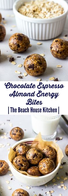 chocolate espresso almond energy bites recipe in a bowl and on a table with oats