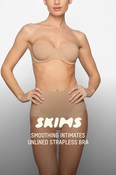 This sleek, supportive strapless bra is a double layered solution with comfortable hidden cushion underwire and ultra-wide wings that perfectly smooth your back and sides. Features silicone tape along the neckline and wing to keep it in place all day long, smoothing adjustable straps, and a hook and eye back closure. Fits true to size. | SKIMS Unlined Strapless Bra | Light Neutral | 32B | Smoothing Intimates Silicone Tape, Ultra Wide, Strapless Bra, Your Back, Cocoa, Adjustable Straps, Sleek, Bra, Black