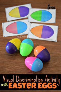 four colorful eggs with the text visual discrimmation activity with easter eggs