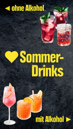 some drinks that are sitting on a black board with the words summer drinks written below it