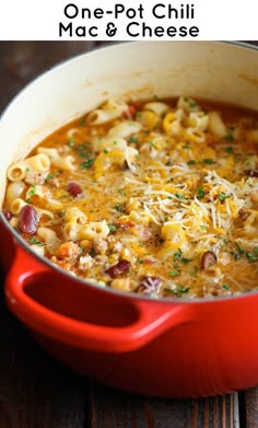 one pot chili macaroni and cheese in a red casserole dish on a wooden table