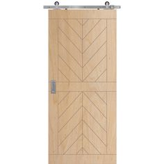 a wooden door with metal hardware on the bottom and side panels, in front of a white background