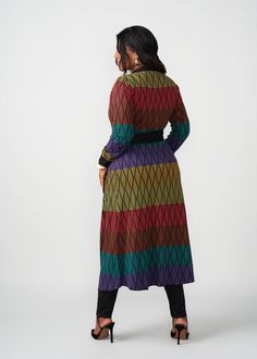 Style#: 7003/P7003 We love versatility and the Aisha African Print Cardigan in Rainbow Diamond Stripes delivers just that. Wear this gorgeous duster-length cardigan sweater open as a layering accent to your outfit of fully buttoned as a statement dress. Features: Contrast color rib knit border and sleeve cuff Can be styled open or closed 45% cotton, 55% acrylic Regular Length Range: 51-53" Plus Length Range:53 1/2"-54 1/2" Designed in the USA, imported Care Instructions: Hand wash cold. Do not s Knit Border, Rainbow Diamond, Statement Dress, Sleeve Cuff, Mens Fall, Printed Cardigan, Printed Bags, Swimwear Accessories, Womens Fall