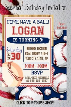 a baseball birthday party is shown with the name and age on it's card