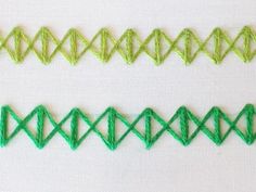 three different types of stitching on a white surface with green thread and scissors in the middle