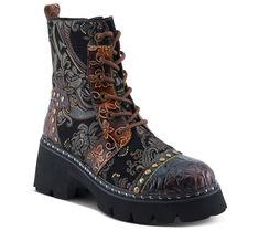 An eye-catching blend of style and durability, these combat-style boots feature a textured cap toe and heel counter outlined with studs, embossed hand-painted flowers, and a printed suede shaft. Built on a sturdy lug sole with rivets wrapping around the welt, these booties are ready for any adventure. From L'Artiste by Spring Step. Whimsigoth Boots, Spring Leather Boots With Floral Embroidery, Flower Combat Boots, L'artiste Shoes, Womens Boots L'artiste Spring Step Fiery Bootie, Combat Style, L'artiste By Spring Step, Goth Boots, 500 Miles