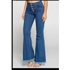 - Nwt Junior's Mid Rise Denim Jeans In Color Dark - Button Fly - 12" Wide Flares With Frayed Hem - Cotton/Spandex Blend With A Little Stretch - Style Ctb676 Approx Measurements, Laid Flat: 13" Waist, 32" Inseam, 10" Rise From A Smoke Free Home ~ Thanks For Looking! Wide Leg Flare Jeans, Black Flare Jeans, Leopard Print Jeans, Flared Leggings, Bleached Denim, Black Ripped Jeans, Black Flare, Citizens Of Humanity Jeans, Flare Leg Jeans