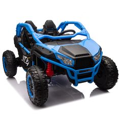 a blue toy car with four wheels and big tires on a white backgroud