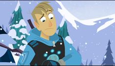 a cartoon character is standing in front of some trees with snow on it and looking at something