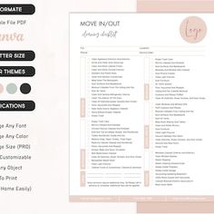 a pink and black menu with the words move in out on it's side