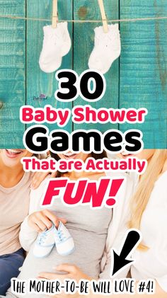 a woman holding a baby in her arms with the words 30 baby shower games that are actually fun