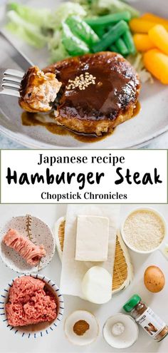 japanese recipe hamburger steak with chopsticks and vegetables