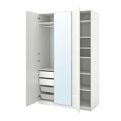 an open white cabinet with drawers and a mirror