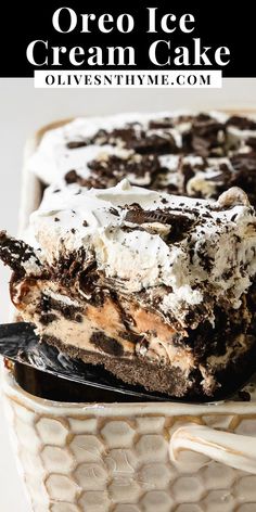 an oreo ice cream cake on a plate with the title above it in black and white