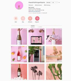 a pink and white photo collage with palm trees, wine bottles, and other items