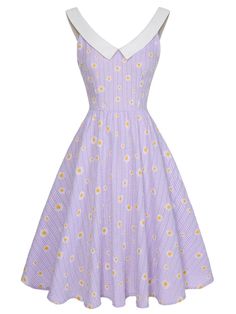 Purple 1950s Plaid Daisy V-Neck Dress | Retro Stage 1950s Style Summer Vintage Dress With V-neck, Vintage V-neck Dress In 1950s Style For Summer, 1950s Style Vintage V-neck Dress For Summer, Answer The Phone, Retro Stage, Christmas Board, Dress Retro, Vintage Inspired Design, Retro Dress