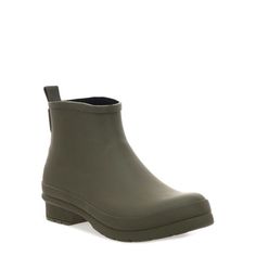 Olive waterproof ankle rain boots in a smooth matte finish. Slight topline curve softens and compliments these green chelsea boots. Size:  m .  Gender: female.  Age Group: adult. Green Weatherproof Rain Boots For Fall, Green Waterproof Boots For Rainy Season, Waterproof Green Boots For Rainy Season, Green Rain Boots For Rainy Season, Green Boots For Rainy Season, Casual Green Boots For Rainy Season, Green Waterproof Boots For Fall, Green Weatherproof Waterproof Boots For Fall, Green Chelsea Boots