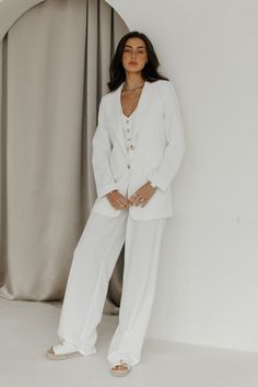 White Three peace linen suit Blazer Vest and Palazzo pants suit. Matching linen suit. Women's summer pants suit. Beige classic suit MATERIAL: Natural linen with the addition of cotton: 90% linen, 10% cotton. COLOURS: Kelly Green, Beige, Black, Lemon, Hot Pink, White WE OFFER TO UNPACK SUIT IN DIFFERENT SIZES Blaze and Pants (see the Variations) SIZES-LENGTH: XS size: Blazer-65cm, Sleeves-60cm, Pants-108cm S size: Blazer-67cm, Sleeves-61cm, Pants-109cm M size: Blazer-69cm, Sleeves-62cm, Pants-111cm L size: Blazer-71cm, Sleeves-63cm, Pants-112cm (the length can very +- 0.5cm due to natural linen characteristics) We can customize bigger/smaller size/ length for you as well. Model on the photo: 171cm-67,3'', S size PRODUCT CARE  - hand wash at 30 oC, - do not soak the product. - manual wringin Summer Wedding Linen Blazer, Tailored Linen Pantsuit For Formal Occasions, Tailored Linen Suit For Wedding, Elegant Linen Pantsuit For Formal Occasions, Elegant Linen Pantsuit For Formal Events, Elegant Fitted Linen Pantsuit, Wedding Linen Set With Notch Lapel, Wedding Linen Sets With Notch Lapel, Tailored Linen Classic Pantsuit