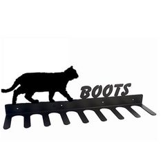 a black cat is walking on top of a metal sign that says boo's