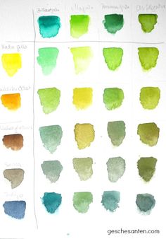 the different shades of green, yellow and blue inks on a white paper with text overlay