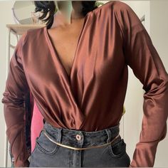 Pretty Little Thing Brown Satin Top. Can Be Worn Multiple Ways. Grown & Sexy. From Office To Happy Hour Black Satin Top, Under Bust Corset, Sheer Long Sleeve Top, Bandeau Crop Top, Orange Satin, Backless Crop Top, Puff Sleeve Crop Top, White Corset, Brown Satin