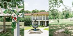 two pictures of a house and a fountain with flowers on it in the front yard