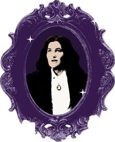 a woman with long hair wearing a black jacket and white shirt in a purple frame