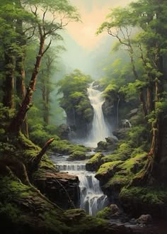 a painting of a waterfall in the middle of a forest filled with green plants and trees