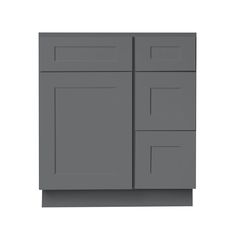 a gray cabinet with two doors and drawers on the bottom, in front of a white background