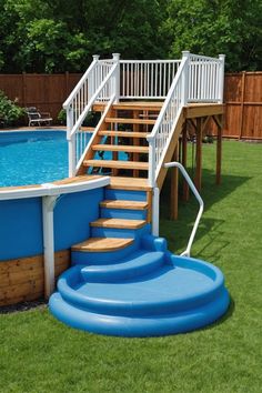 an above ground swimming pool with steps leading to the upper deck and above ground ladder