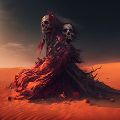 a woman in a red dress sitting on top of a sand dune next to two skulls