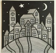 a black and white drawing of houses on a hill at night with the moon in the sky