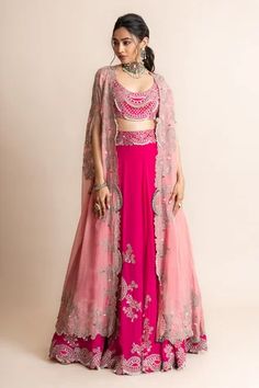 Shop for Nupur Kanoi Fuchsia Organza- Georgette Floral Embroidered Lehenga With Long Cape for Women Online at Aza Fashions Cape Dress Indian, Nupur Kanoi, Modern Lehenga, Cape Lehenga, Baju Kahwin, Cape For Women, Mirror Work Lehenga, Dupatta Style, Georgette Skirt