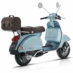 a blue scooter with a brown seat and back pack on the front, against a white background