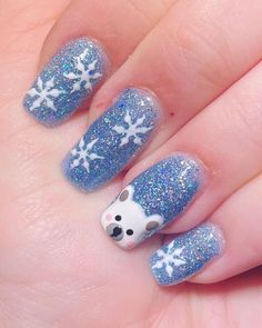 Winter Polar Bear Nails, Simply Nailogical Nail Art, Winter Animal Nail Art, Polar Bear Christmas Nails, Winter Nails Polar Bear, Christmas Nails Polar Bear, Polar Bear Nail Designs, Polar Bear Nails Christmas, Blue Short Christmas Nails