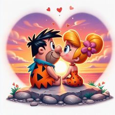 two cartoon characters sitting on top of a rock in front of a heart shaped background