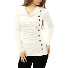 Show your feminine style with this ruched drape neck slim top. This long-sleeved pullover top is one of the must-have items in your wardrobe. The slim cut can show your charming silhouette, and the button decor adds a casual feel. Feel free to pair it with jeans and boots for a smart look. Day-to-Night, Weekend Gathering, Vacation, Office, School, Dating, etc. Button Decor, Cowl Neck Long Sleeve, Ruched Top, Cute Winter Outfits, Stretchy Tops, Winter Outfits For Work, Classy Women, Womens Tunics, Outfits For Teens