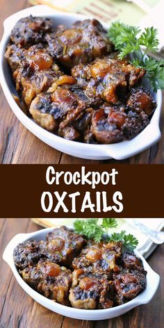 crockpot oxtails in a white dish with parsley on the side