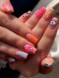 Multicolor  Collar    Color Nails Embellished   Beauty Tools Vacations Nails, Hippie Nail Designs, Funky Nail Art Designs, Festival Nail Ideas, Cute Vacation Nails, Bad Bunny Nails, Evil Eye Nails, Hippie Nails