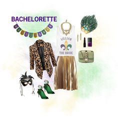 a woman's outfit and accessories are arranged on a white background with the words bachelorette