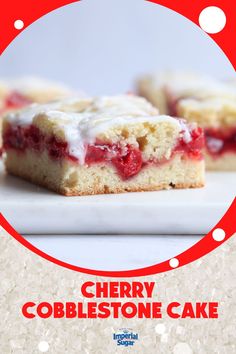 cherry cobblestone cake with white icing on a red and white circle frame