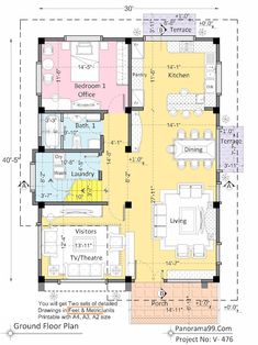 the floor plan for a two story house with three bedroom and an attached living area