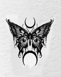 a black and white drawing of a butterfly with crescent moon