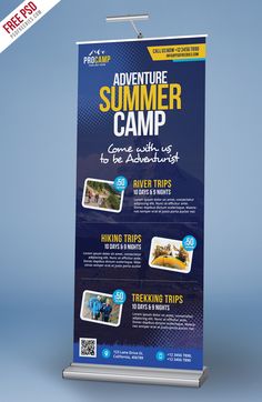 a blue and white sign advertising an adventure camp