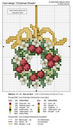 a cross stitch christmas ornament with red and white flowers on it, surrounded by gold scissors