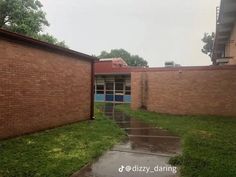 an alley way between two brick buildings with grass growing on both sides and rain falling down on the ground